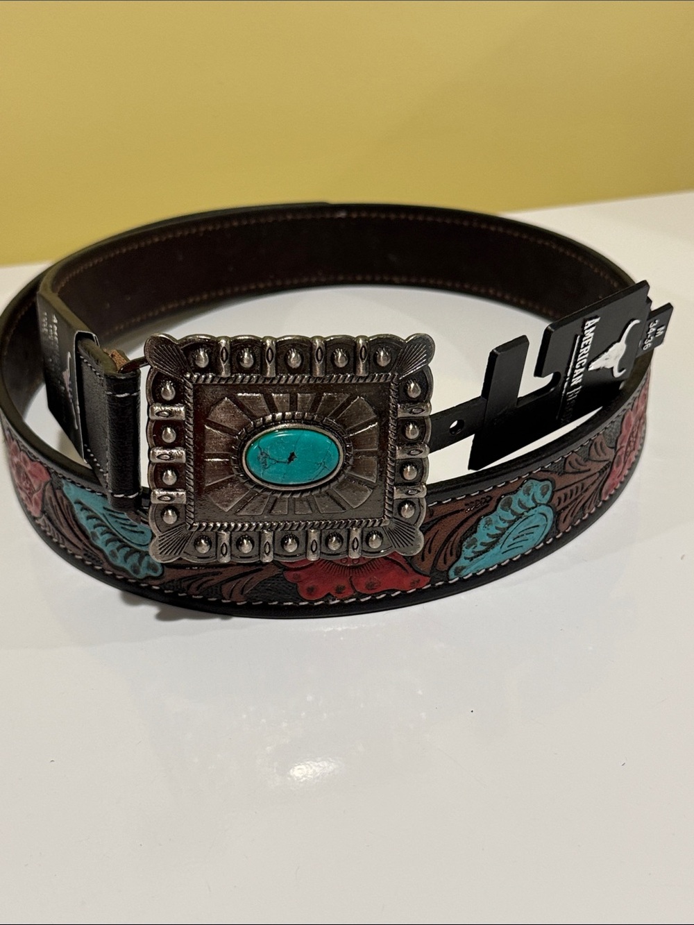 NWT American bison leather floral tooled belt M
